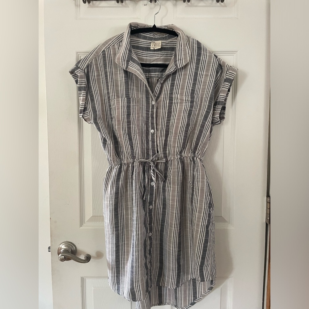 Japna Navy & White Striped Button-Down Midi Shirt Dress
